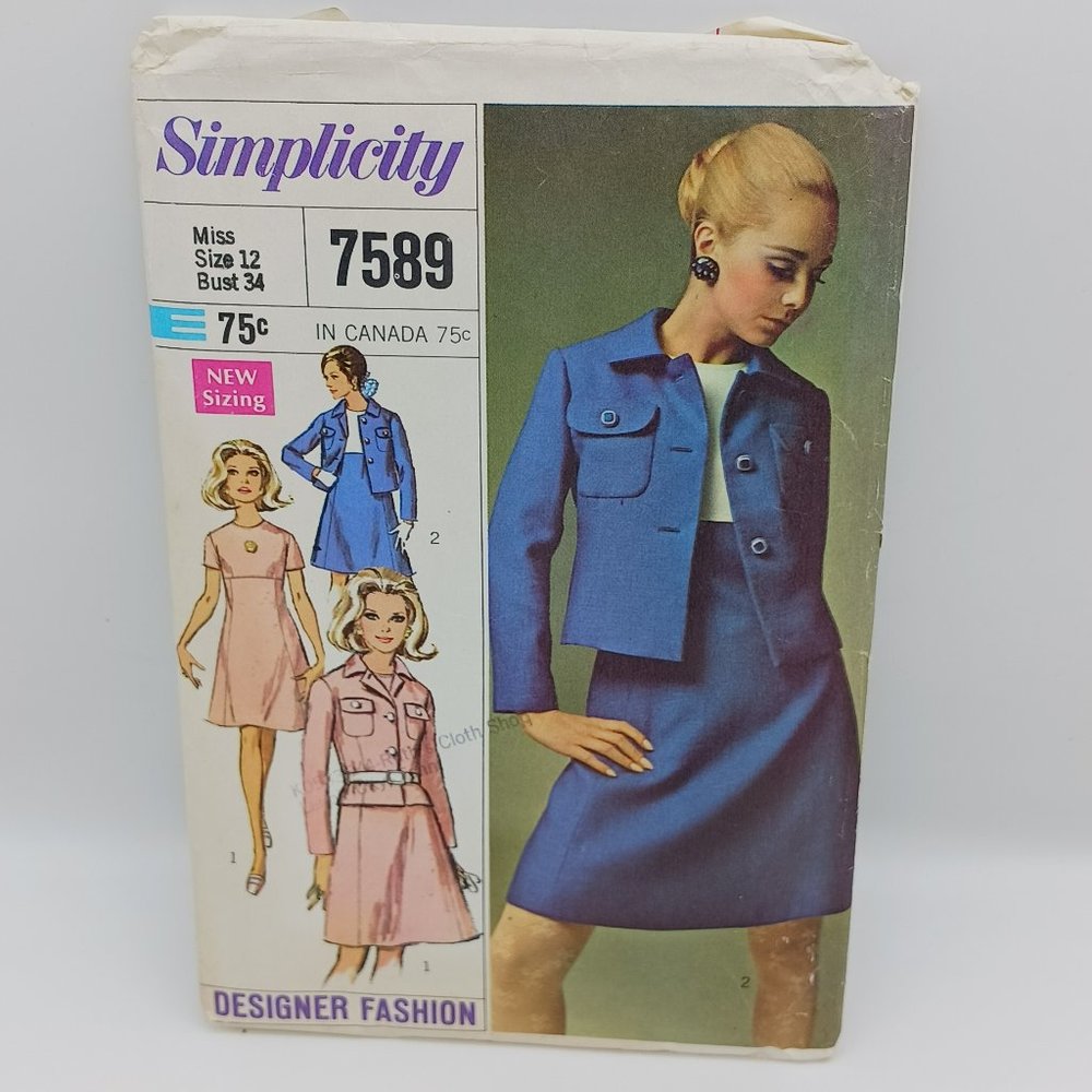 Simplicity 7589 Vintage Sewing Pattern 1960s Dress & Jacket Miss Size 12 Bust 34